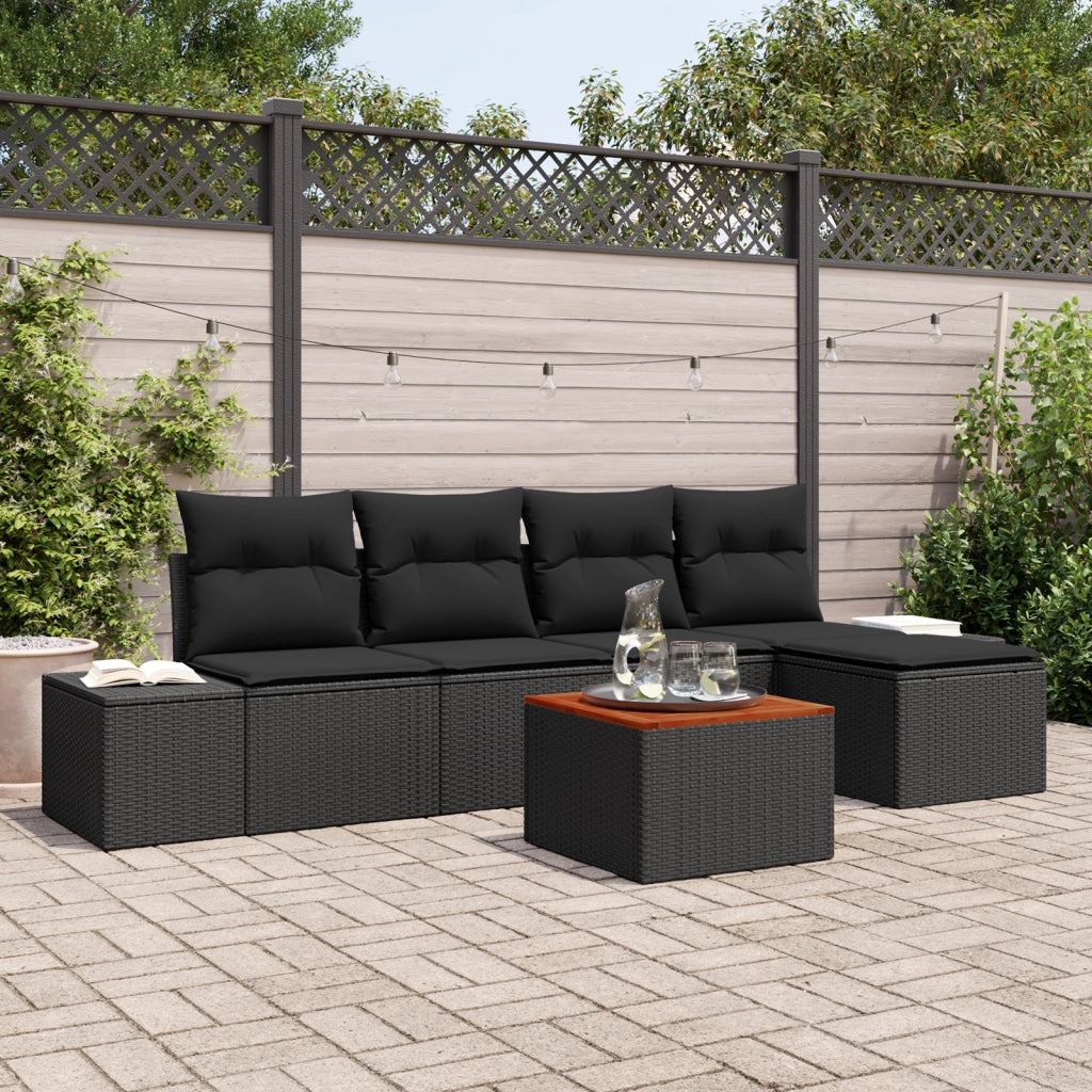 Set di 6 Pezzi Divano Giardino con Cuscini Rattan Polietilene Nero Acacia