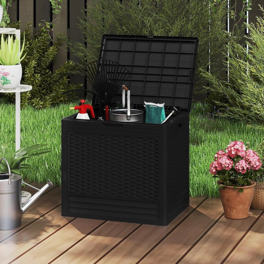 Contenitore da 96L, Scatola da Terrazza in PP Impermeabile per Uso Interno ed Esterno, Contenitore con Design in Rattan Chiudibile a Chiave per Consegna Pacchi (Nero)