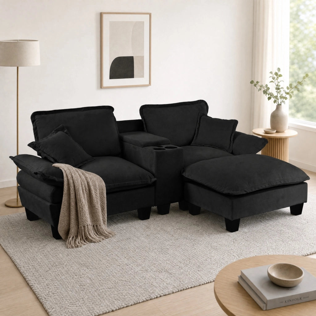 Sofà modulare con chaise longue, porta USB, contenitore e portabicchieri in chenille nera 224 × 151 × 90 cm