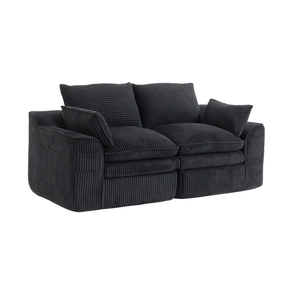 Divano 2 posti ULEVR 191x94x85 cm in velluto a coste nero con cuscini e tasche laterali
