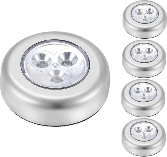 Lampada a tocco LED - Funziona con batterie - Lampada a tocco ad alta durata - Disegno adesivo - Ideale per armadi, armadietti, vetrine o cucine accessorie - 5 pezzi - Argento