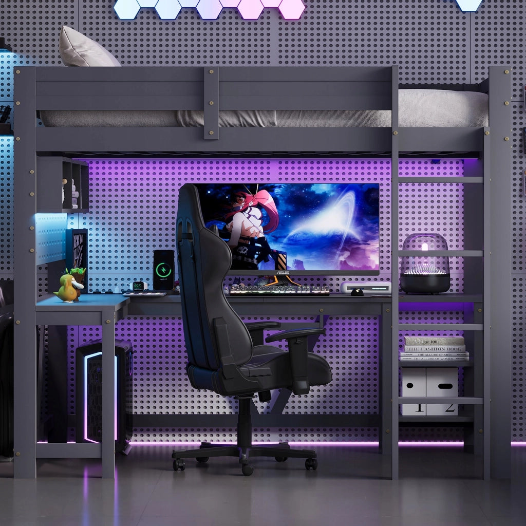 Letto gaming con scrivania LED - Xylo - 90x200 - Grigio