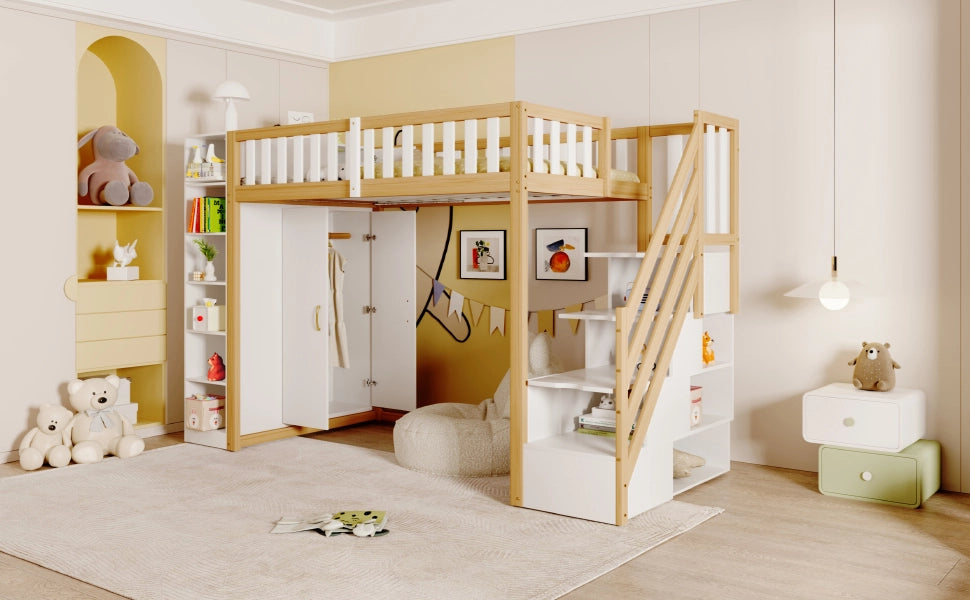 Letto a castello bianco e legno naturale con armadio scaffali e scala portante 90x200 cm