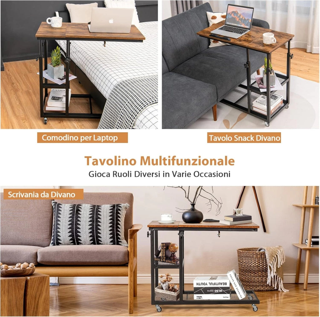 Tavolino Porta PC Regolabile in Altezza e Inclinazione, Tavolo Laterale per Letto e Divano con Ruote, Tavolino in Legno e Metallo per Salotto e Camera da letto, 80 x 40 x 64-95 cm (marrone)