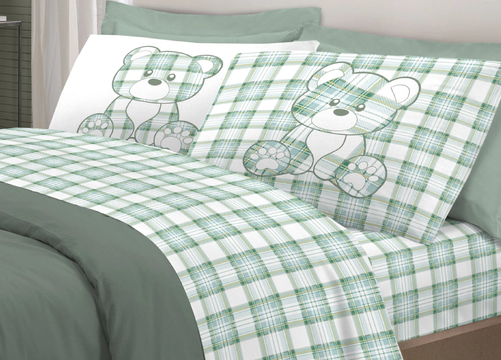 Completo Lenzuola Linea Pensieri Delicati 100% Cotone Orsetto Tartan Primavera - Singolo - Verde