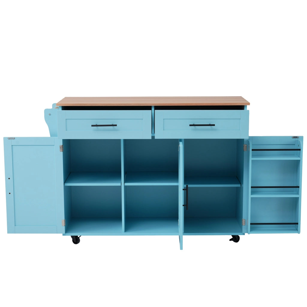 Isola da Cucina Mobile 129x46/71x91,5 cm Azzurra e Legno con Piano Ribaltabile, 2 Cassetti e 5 Ruote