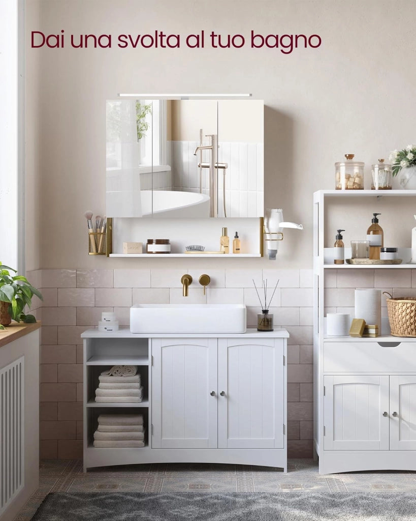 VASAGLE Armadietto da Bagno con Specchio e 3 Ante, Mobile a Parete, Cestino, Porta Asciugacapelli, Capiente, Mobiletto Bagno da Muro, Bianco Nuvola e Oro Verde Chiaro BBK124A10