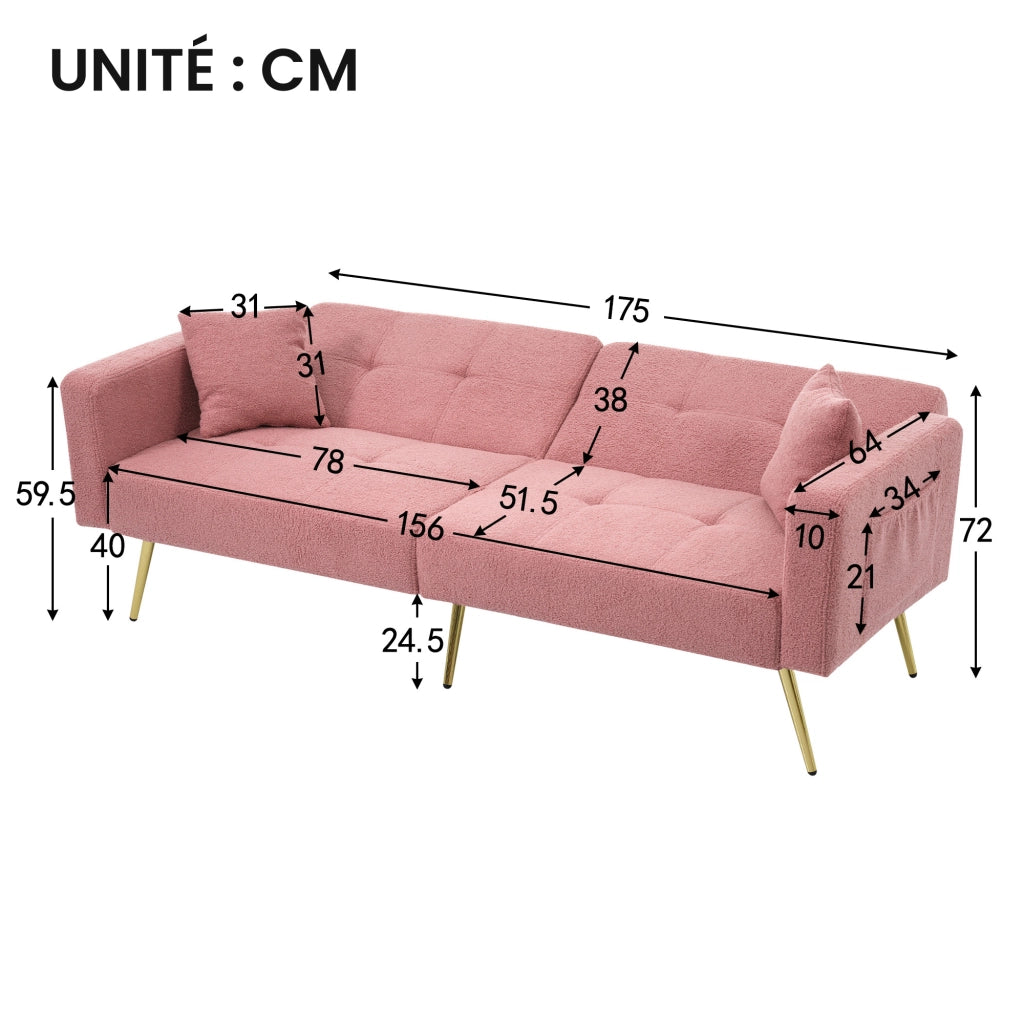 OKWISH Divano Letto 3 Posti, Schienale Regolabile con Tasche Laterali, Struttura in Legno, Tessuto Effetto Sherpa Rosa