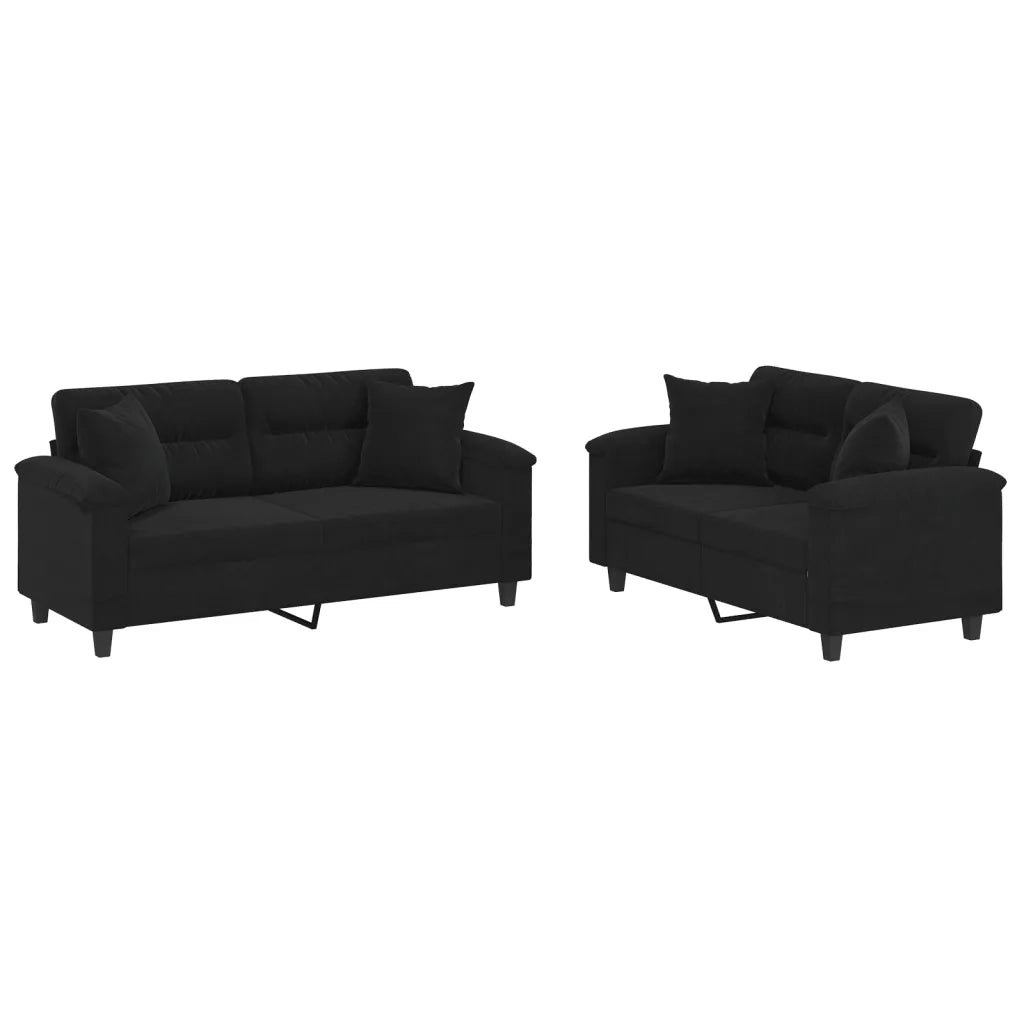 Set Divani 2 pz con Cuscini Nero in Tessuto Microfibra