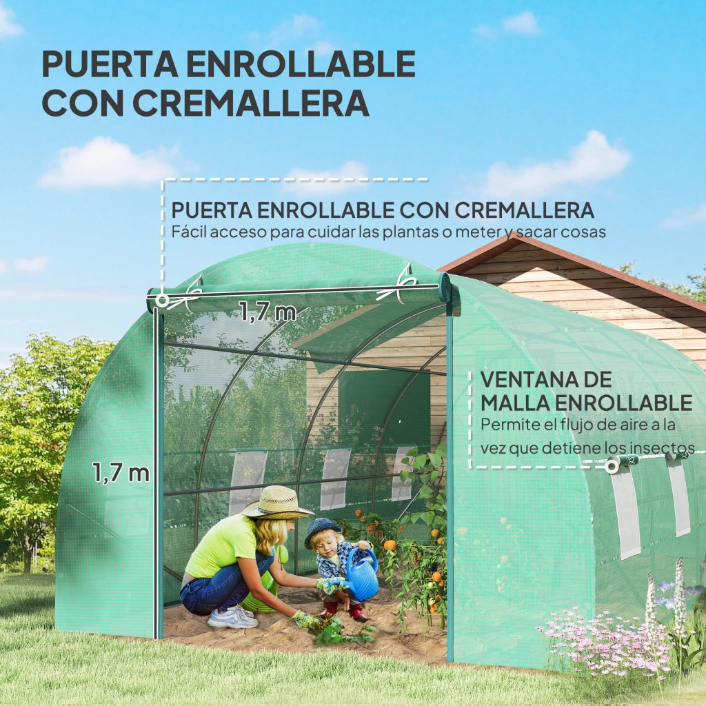 Serra Tunnel 600x300x200 cm ¨C zephmum ¨C Verde con Porta a Rullo 8 Finestre in PE 140g/m2 e Tubo Acciaio