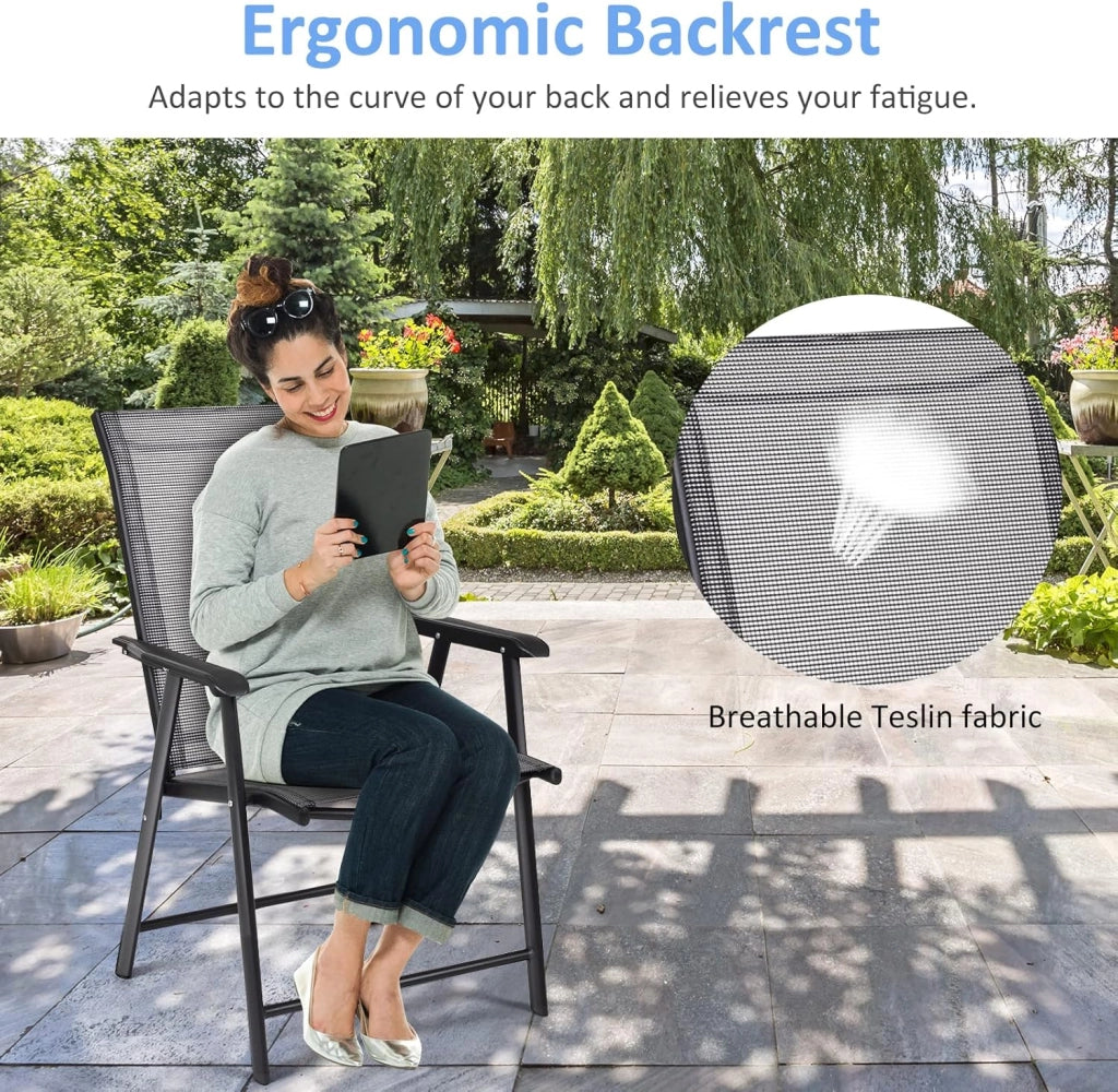 Set di 2 sedie pieghevoli, con schienale alto, da giardino, in metallo, con braccioli e schienale, resistente alle intemperie, portata fino a 110 kg (grigio)
