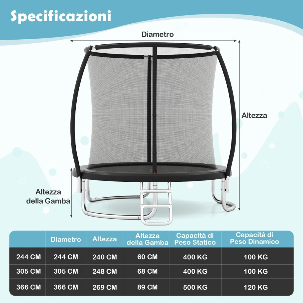 Trampolino da esterno 305 cm con rete di sicurezza e scala, Trampolino ricreativo pesante per bambini e adulti Nero-Trampolini