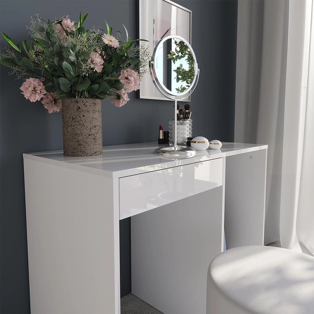 Tavolo da toeletta Sherry, Bianco/bianco lucido, 89.8 cm con sgabello