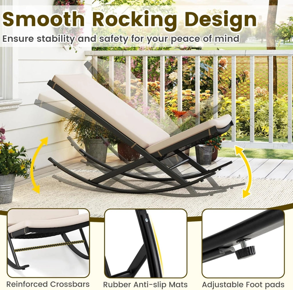 Set di Bistro 3 Pezzi, Sedie a Dondolo da Esterno in Rattan con Tavolino da Caffè, Set di Mobili da Conversazione per Veranda con Cuscini in Cotone per Giardino, Balcone, Bordo Piscina