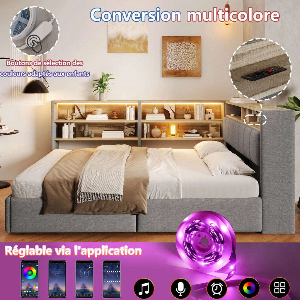 Letto Contenitore Matrimoniale LEMONMAX 140x200 cm con Sollevamento Idraulico, LED APP, USB-A/USB-C e Modulo Laterale, Velluto Grigio