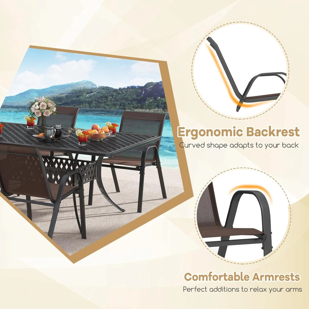 Set di 2/4 Sedie da Giardino, Sedie Impilabili da Esterno in Tessuto con Telaio in Metallo, Poltrona da Balcone con Braccioli e Schienale Alto, per Sala da Pranzo, Carico 150 kg (Marrone*4)
