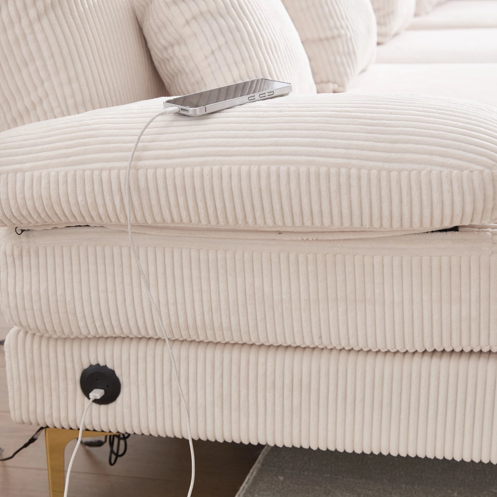 Divano a U con LED Integrato e Porta USB; Schienale Ergonomico e Seduta Profonda in Velluto Beige