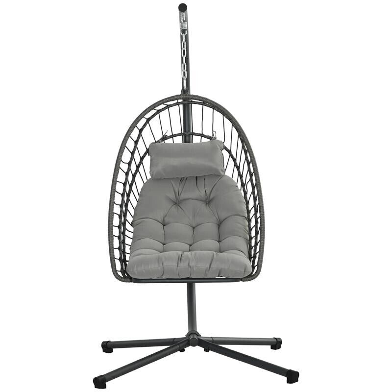 POLTRONA SOSPESA IN RATTAN PE CON CUSCINO, SEDUTA PIEGHEVOLE E STRUTTURA IN ACCIAIO, GRIGIO