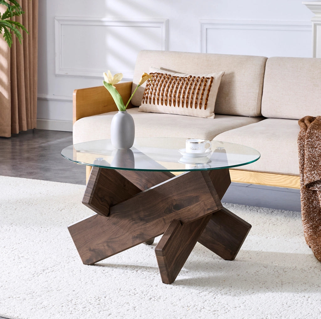 Tavolino da caffè rotondo in MDF effetto noce e vetro, Ø 79 cm