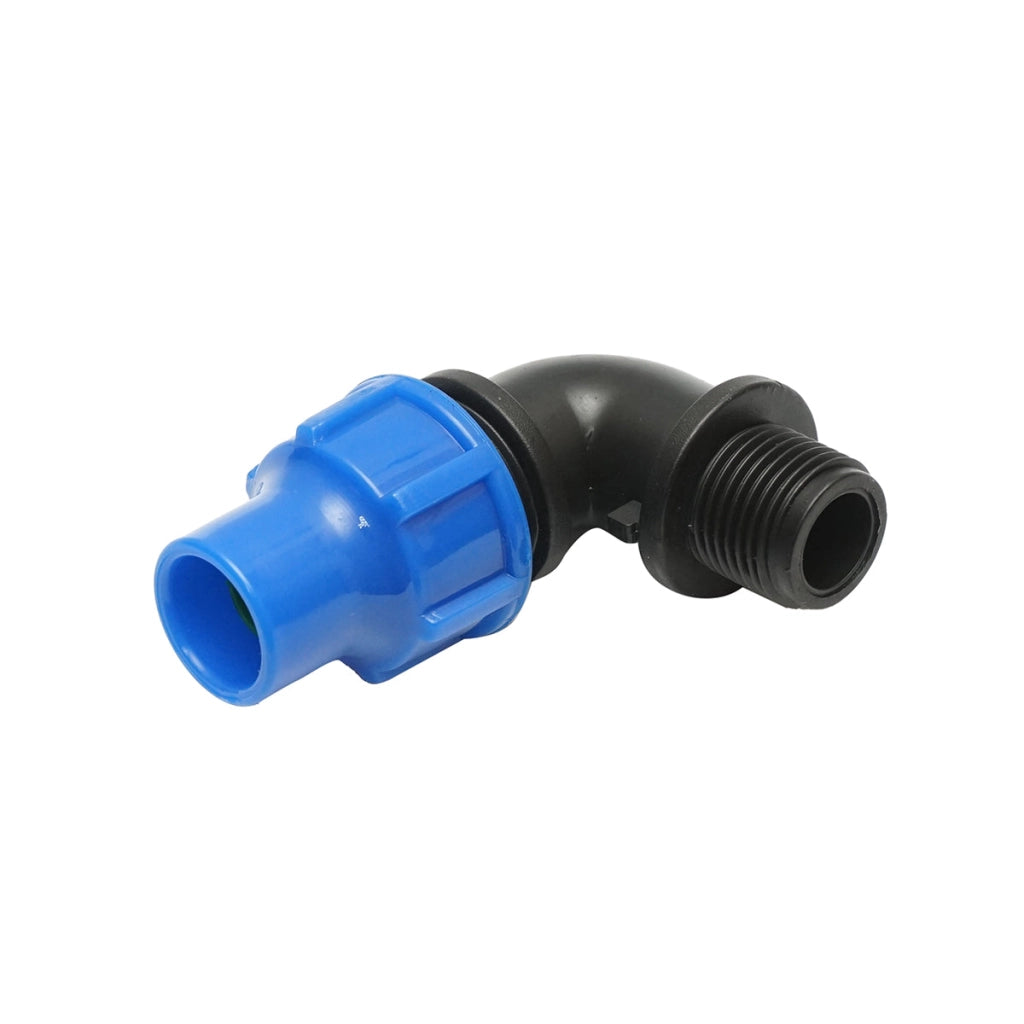 Gomito di raccordo a compressione con filettatura esterna D16mmx1/2 per sistemi di irrigazione.