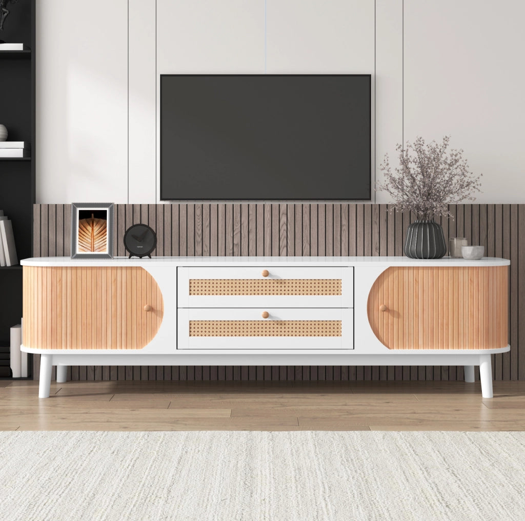 Mobile TV moderno 170 cm bianco effetto legno con ante e cassetti in rattan