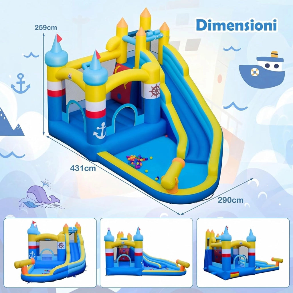 Castello Gonfiabile per Bambini, Casa Gonfiabile con Piscina Splash, Cannone d'Acqua, Area di Rimbalzo, Scivolo Lungo, Parete d'Arrampicata, per Bambini 3-12 Anni (Senza Soffiatore)