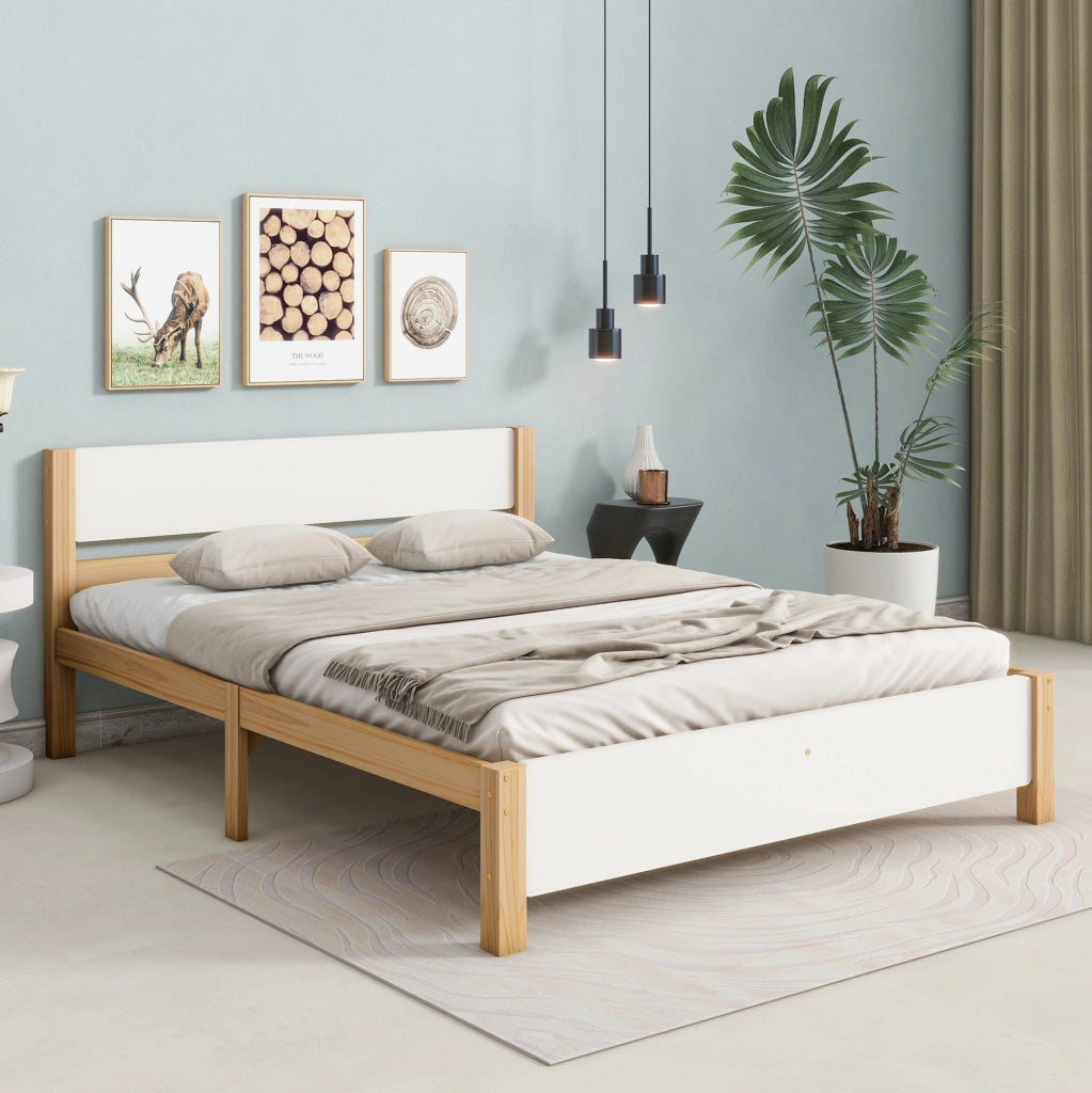 Letto matrimoniale 140x200 cm bianco e naturale con doghe