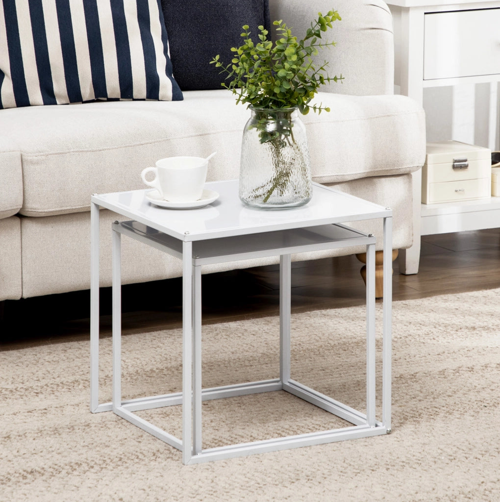 Set di 2 Tavolini da Salotto Quadrati in Acciaio Bianco, 40 e 35 cm