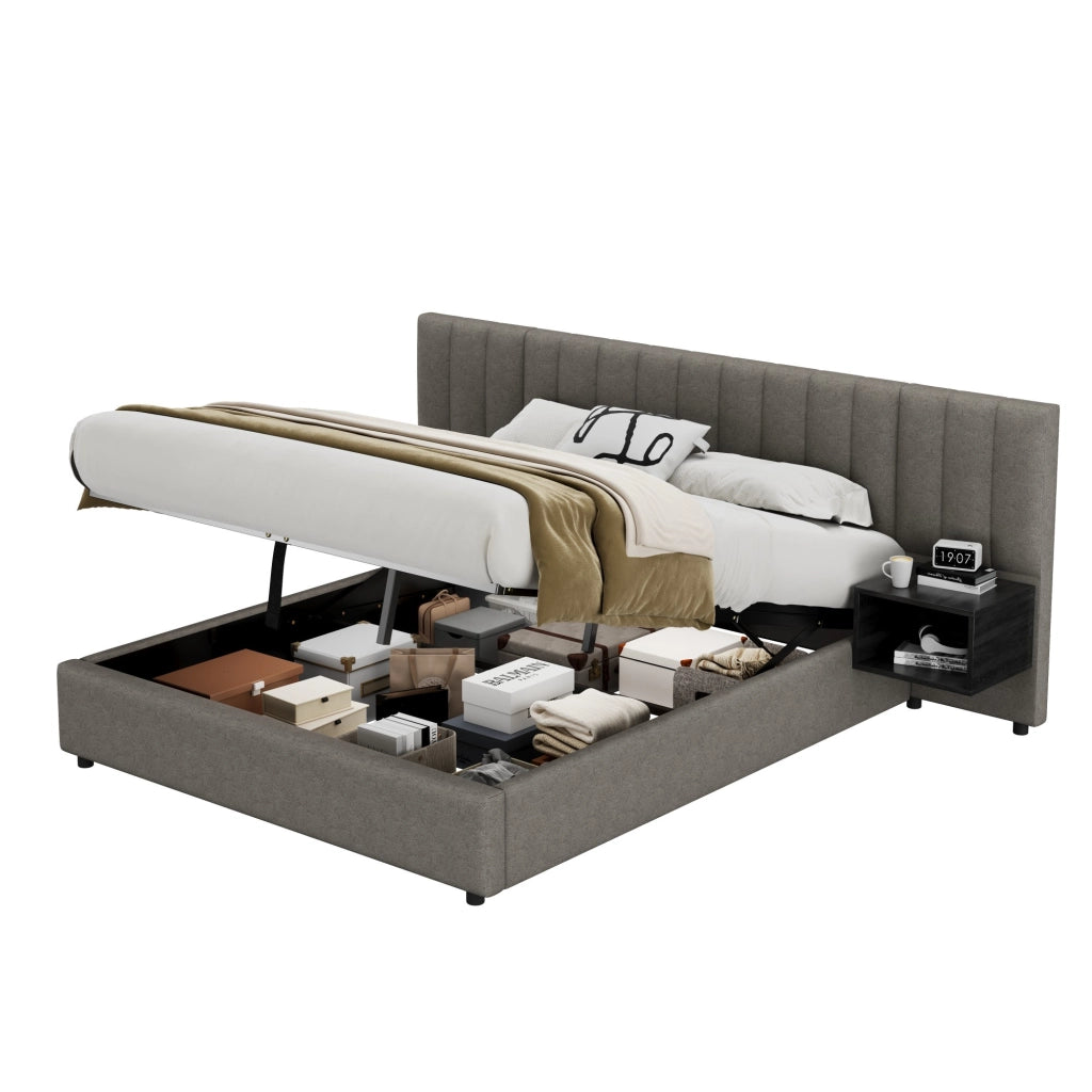 OKWISH Letto contenitore 160×200 cm, Letto Matrimoniale con Sollevamento Idraulico, 2 Comodini e Doghe in Legno, senza Materasso, Lino Grigio Nero