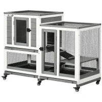 Conigliera interna in legno con ruote 3 piani rampe, 110L x 50l x 86H cm, grigio e bianco