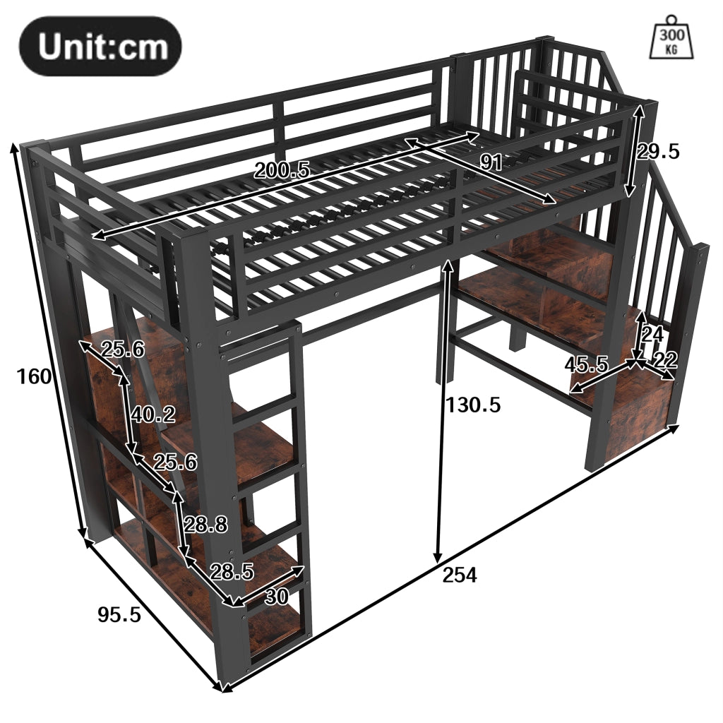 OKWISH Letto a Soppalco 90×200 cm, Letto Singolo con Scala con Contenitore, Ripiani e LED Multicolore, senza Materasso, Nero