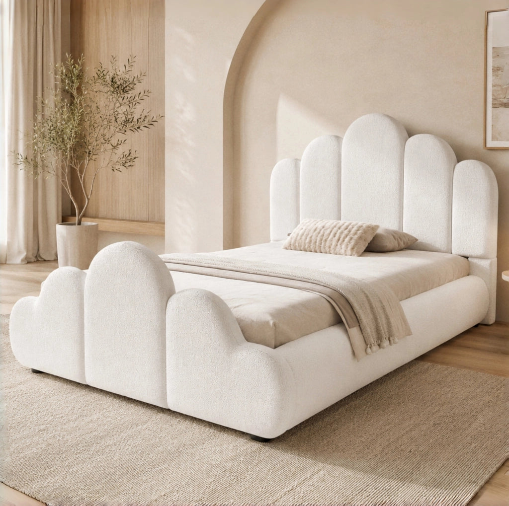 Letto imbottito 90x200 cm con angoli arrotondati in bouclé beige