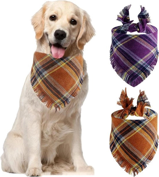 Bandane per cani e gatti a strisce, 2 pezzi, reversibili e lavabili, colore blu e marrone, sciarpa per cani a triangolo con bordi a pennacchi.