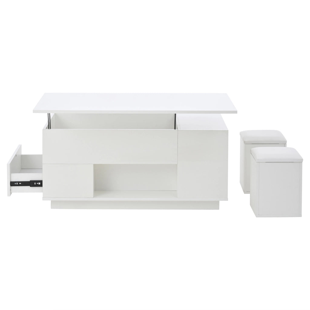 OKWISH Tavolino da Salotto Alzabile con 2 Cassetti, LED, Vano Nascosto e 2 Sgabelli, Bianco, 100 x 50 x 45 cm