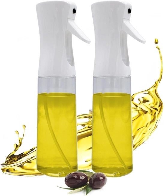 Set di due oliospremini in plastica, 300 ml, diffusore di olio in bianco, per rabbocco, bottiglia spray multifunzionale, per olio, aceto, vino, acqua.