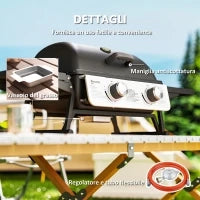 Barbecue a Gas Portatile con 2 Bruciatori e Coperchio con Termometro, Nero