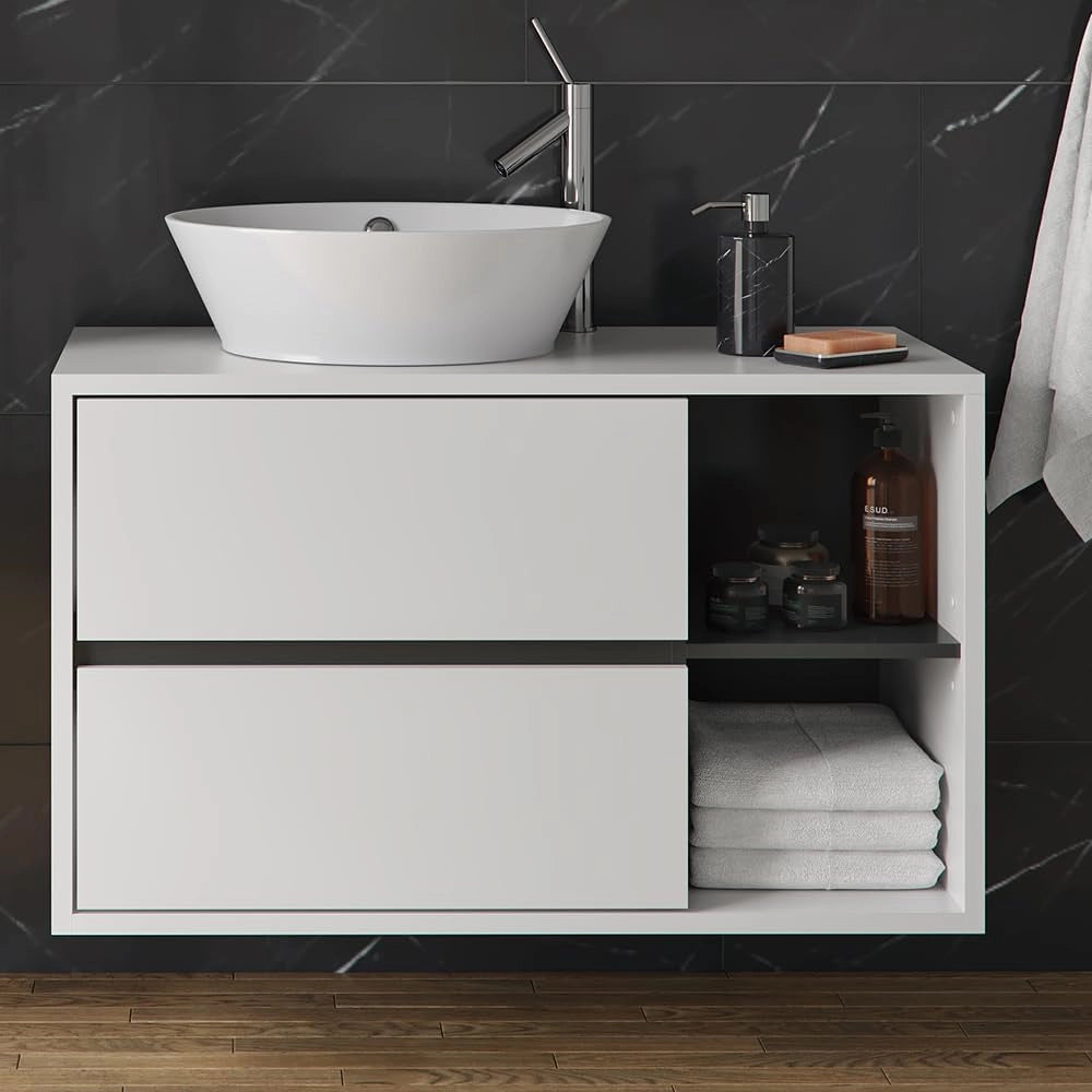 Mobile sottolavabo per bagno Viola, Bianco, 100 x 60 cm, con intaglio per sifone e ripiani aperti per montaggio a parete