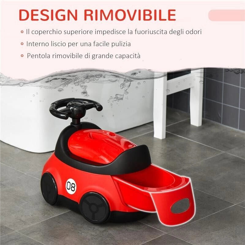 VASINO PER BAMBINI DA 6 MESI A 3 ANNI A FORMA DI MACCHINA CON VOLANTE E VASCHETTA RIMOVIBILE, ROSSO