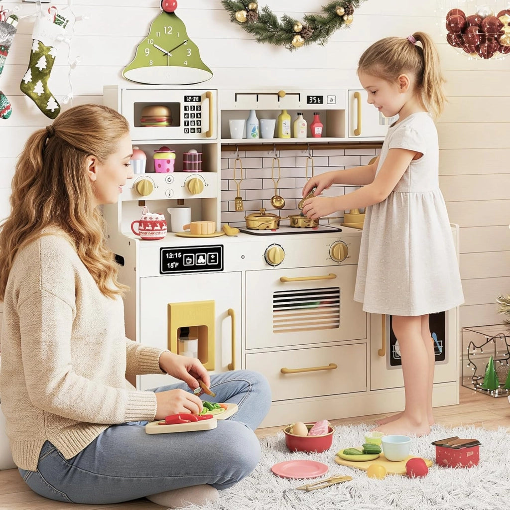 Cucina Giocattolo per Bambini, Set Cucina Gioco in Legno con Macchina per Ghiaccio, Caffettiera, Lavastoviglie e Accessori, Luci e Suoni, Regalo di Ruolo per Bambini 3+ Anni