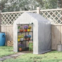 Serra da Giardino per Esterni in Acciaio e PE con 2 Scaffali e Porta Avvolgibile, 143x143x195 cm, Bianco