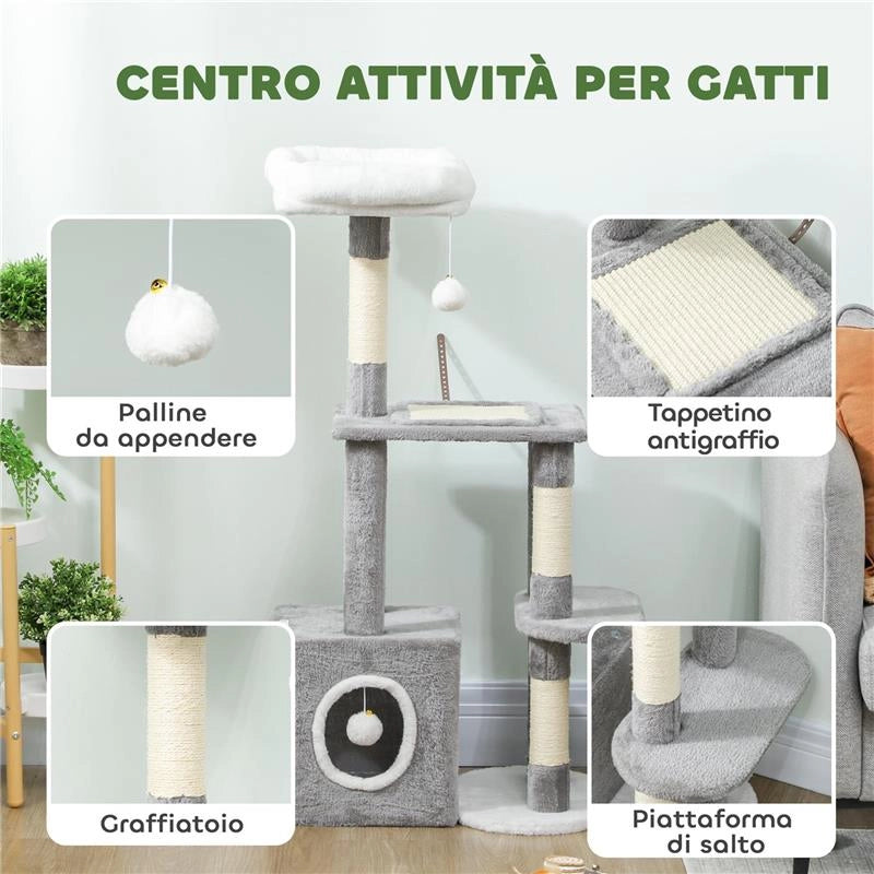 ALBERO TIRAGRAFFI PER GATTI CON CASETTA, LETTINO E 2 PALLINE, IN LEGNO E PELUCHE, 55X40X107 CM, GRIGIO E BIANCO