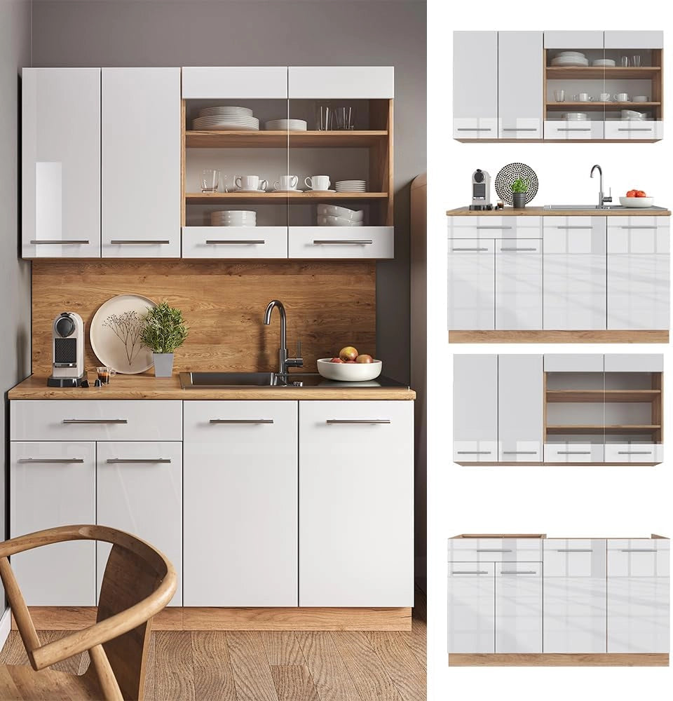 Cucina completa Fame-Line, Bianco lucido/oro power oak, 140 cm senza piano di lavoro, per la libera combinazione con moduli cucina aggiuntivi