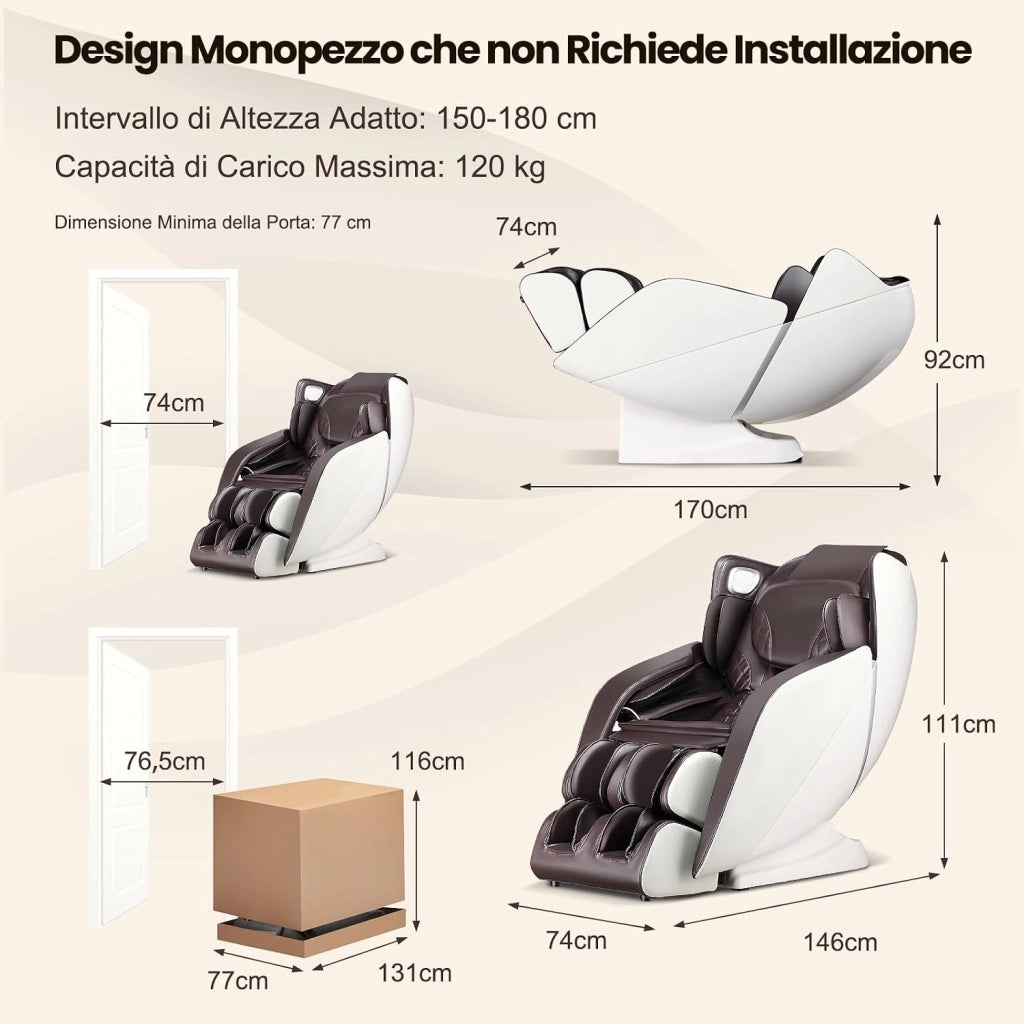 Poltrona Massaggiante, Sedia da Massaggio con 12 Modalità, 6 Tecniche di Massaggio, Stretch Thailandese e Guida SL, Poltrona Relax con Telecomando per Tutto il Corpo (Marrone)