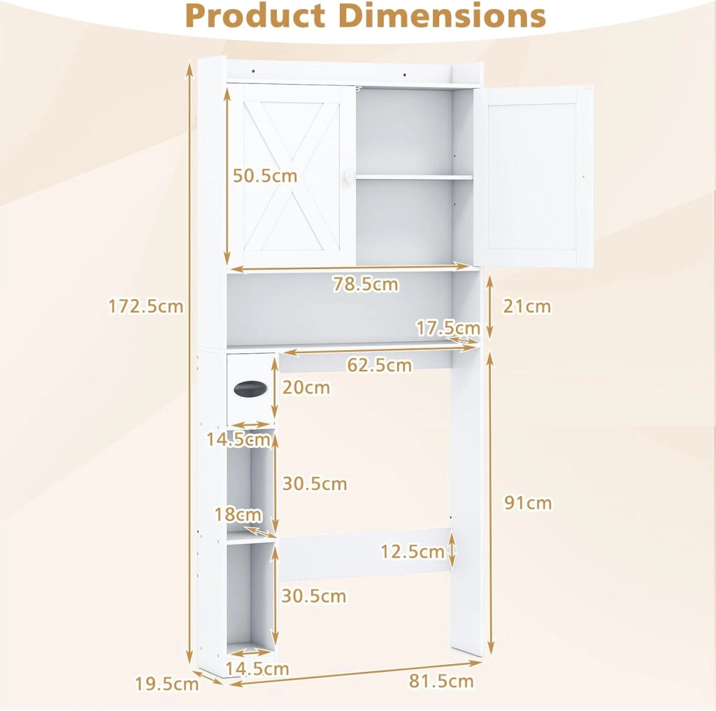 Armadietto per WC da bagno, con 2 ante a battente, ripiani regolabili e scomparti per carta igienica, salvaspazio per WC sopra WC, 81,5 x 19,5 x 172,5 cm (bianco)