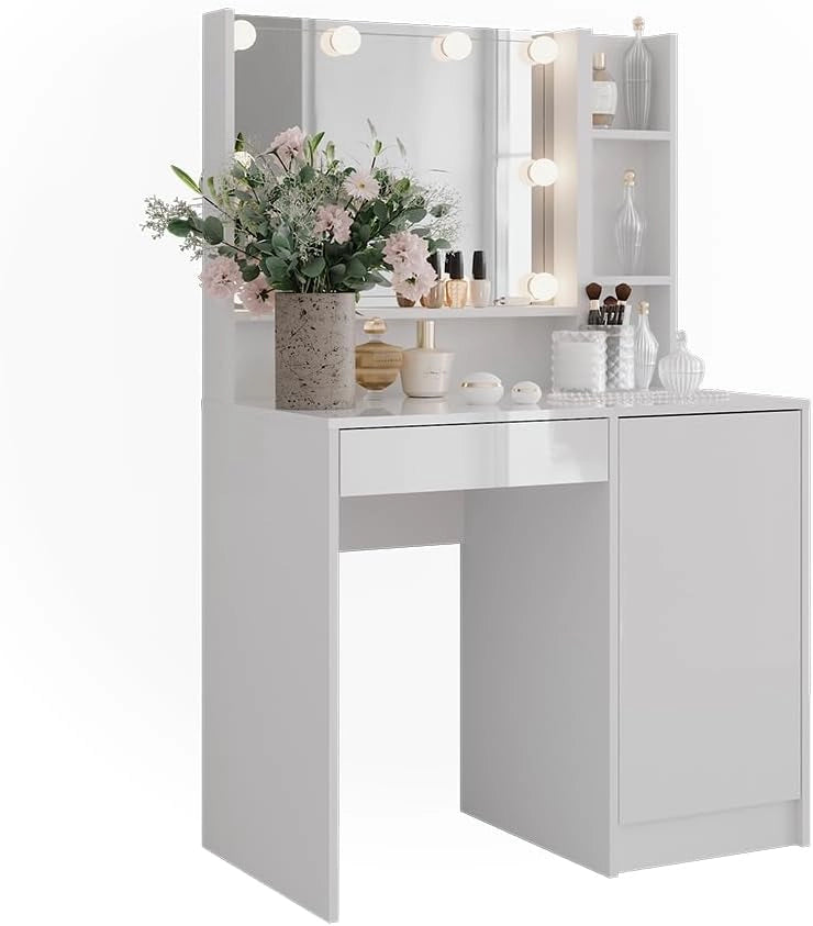 Tavolo da toeletta Sherry, Bianco/bianco lucido, 89.8 cm 4 parti, con illuminazione LED e specchio integrato fisso