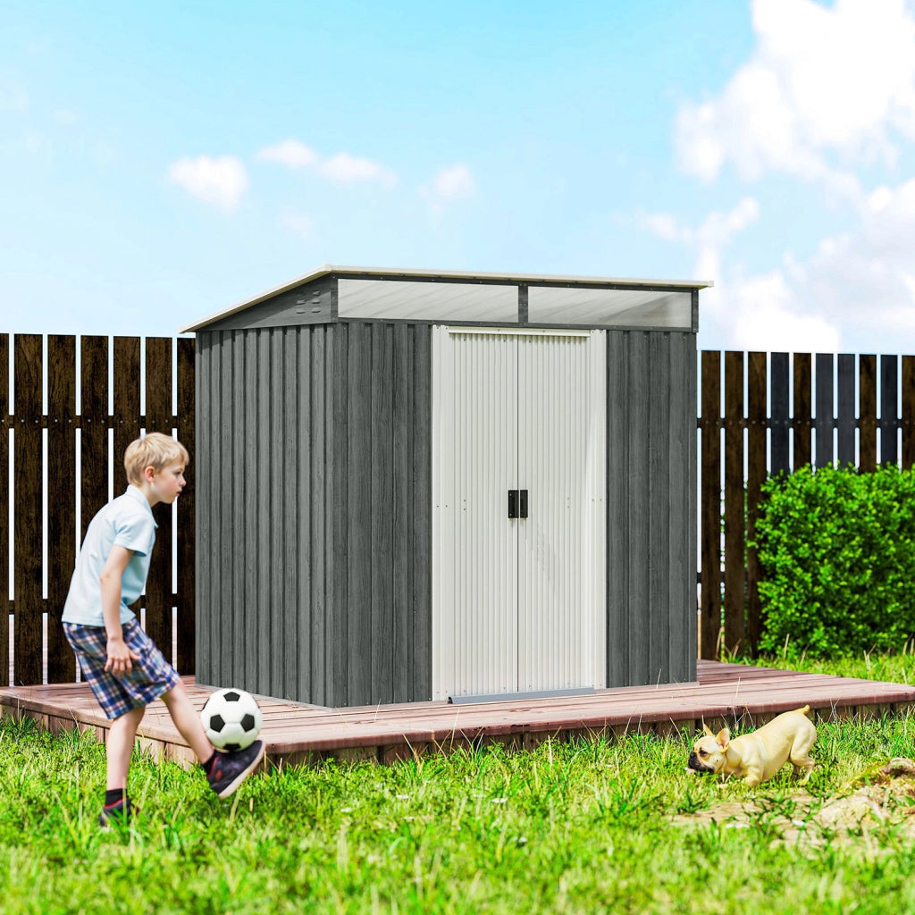 Casetta Box da Giardino 195x122x181,5 cm con Porte Scorrevoli e Pavimentazione in Acciaio Grigio Chiaro