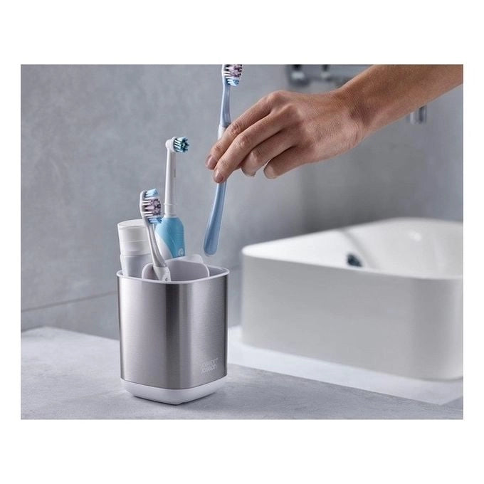 Joseph Joseph 70530 Easy Store Portaspazzolino da Bagno con Scomparti Separati e Ventilazione Base Antiscivolo Colore Acciaio Inox Bianco