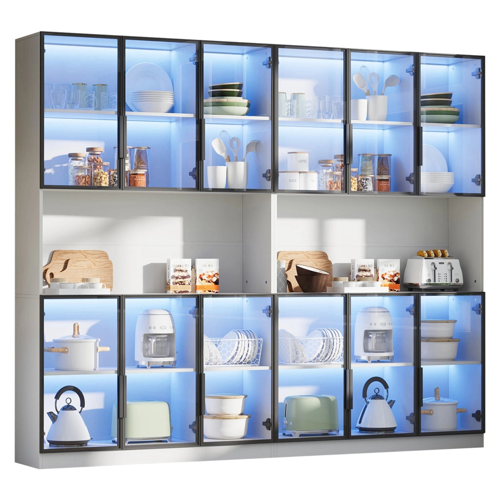 Vetrina alta 240x34x200 cm bianca con 12 ante in vetro, LED con controllo App e chiusura soft-close