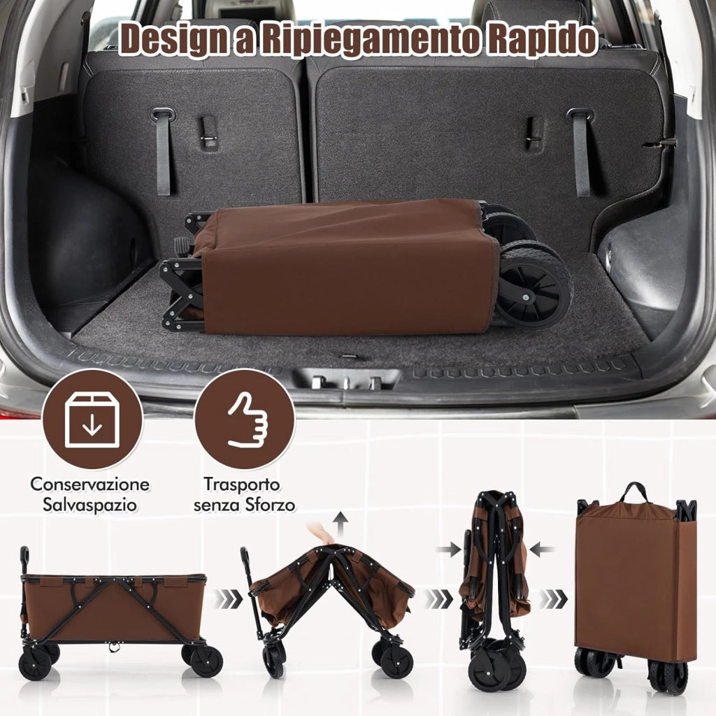 Carrello da Spiaggia Pieghevole 170 L, Carrello con Ruote Portatutto con Maniglia Regolabile e 360° Ruote, Portabottiglie e Tasca Portaoggetti, Carretto Giardino per Campeggio (Marrone)