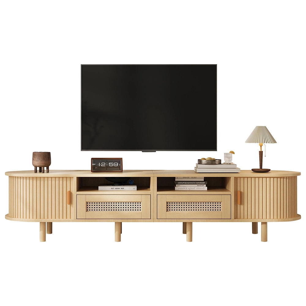 Mobile TV Ovale 170x40x40cm - Xylo - 2 Cassetti in Vimini, 2 Ante Scorrevoli, Legno